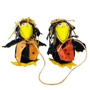 Stuffed  Black Crows with Straw Hats Whimsical Fall Decoration halloween